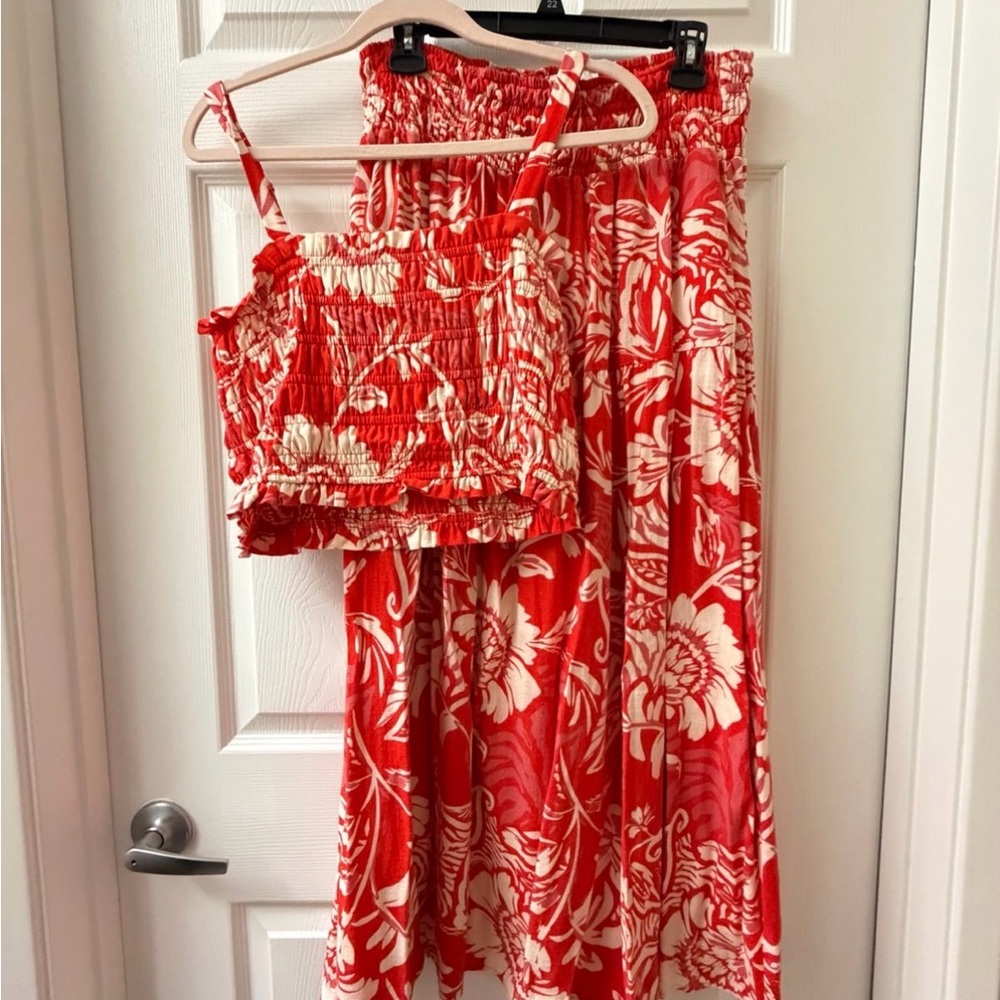 Red Orange Floral Smocked Maxi Skirt Set